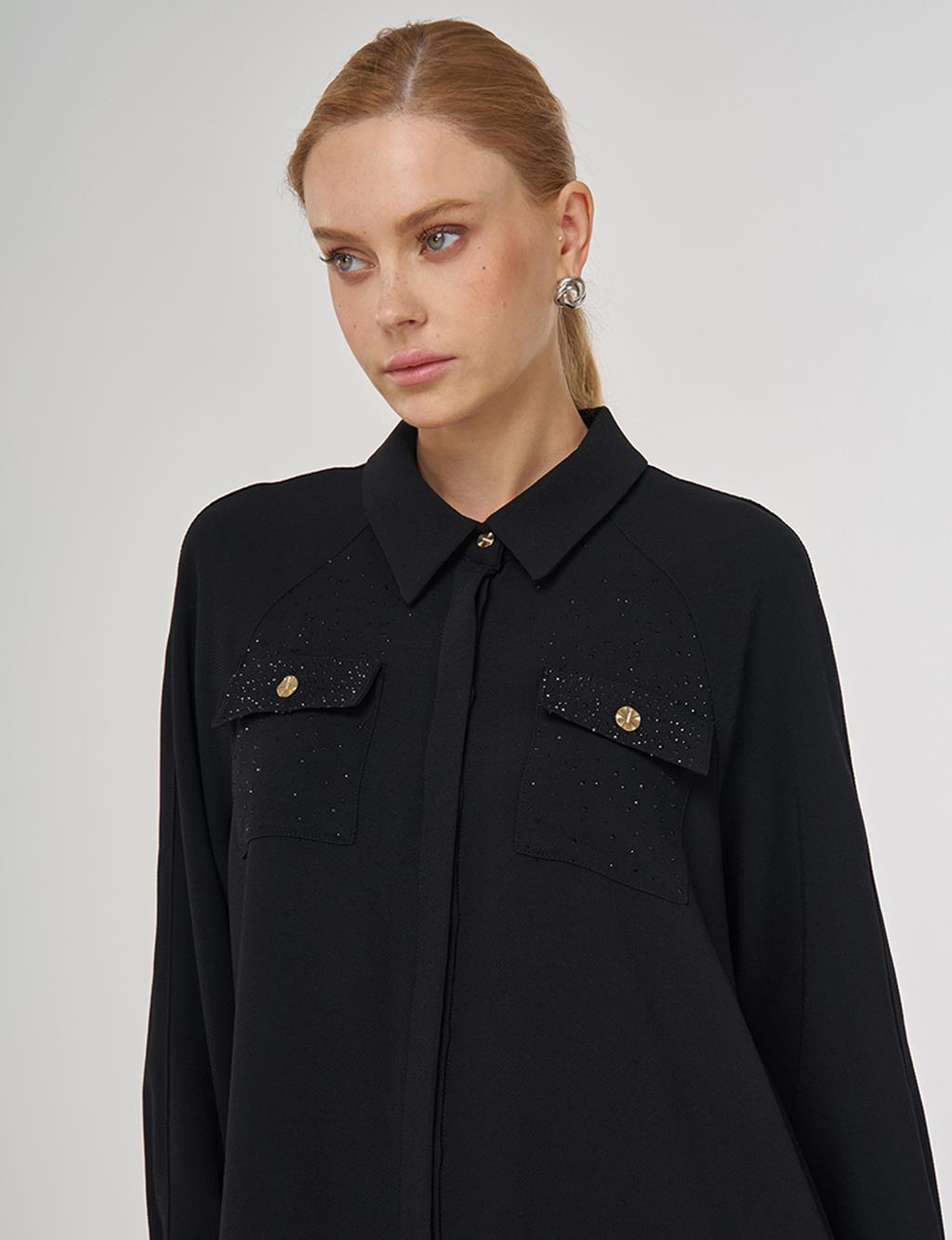 Hotfix Baskılı Uzun Tunik Siyah