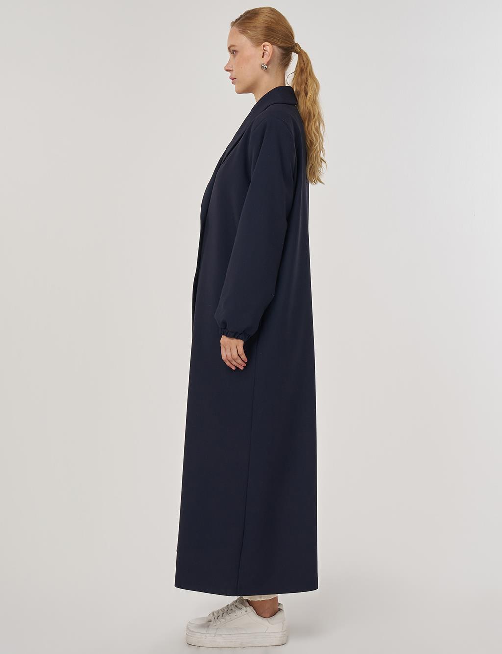 Notched Collar Viscose Coat Dark Navy