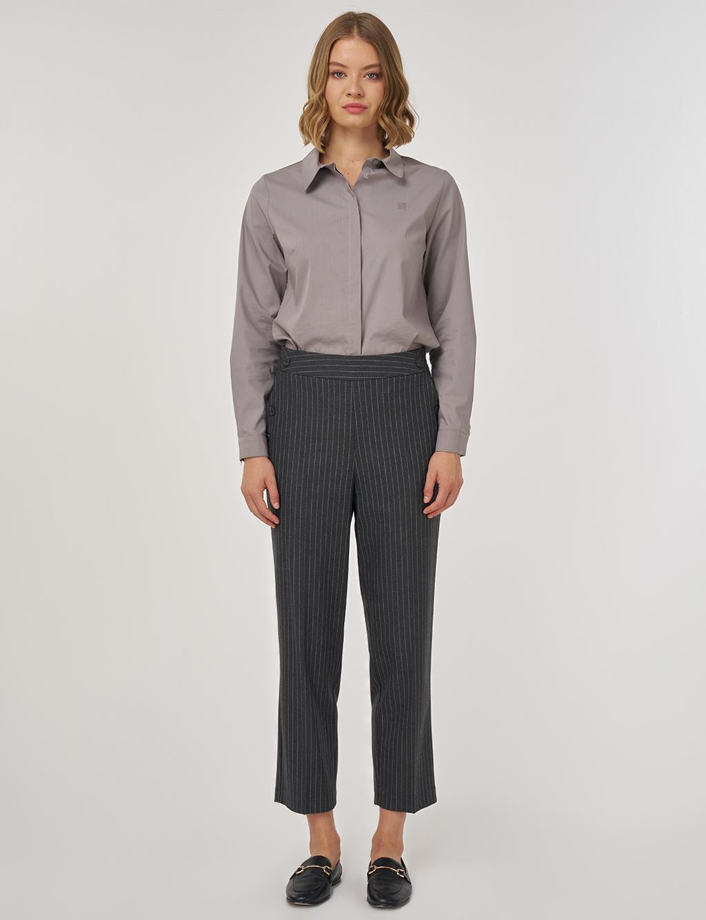 Çizgili Klasik Pantolon Füme 