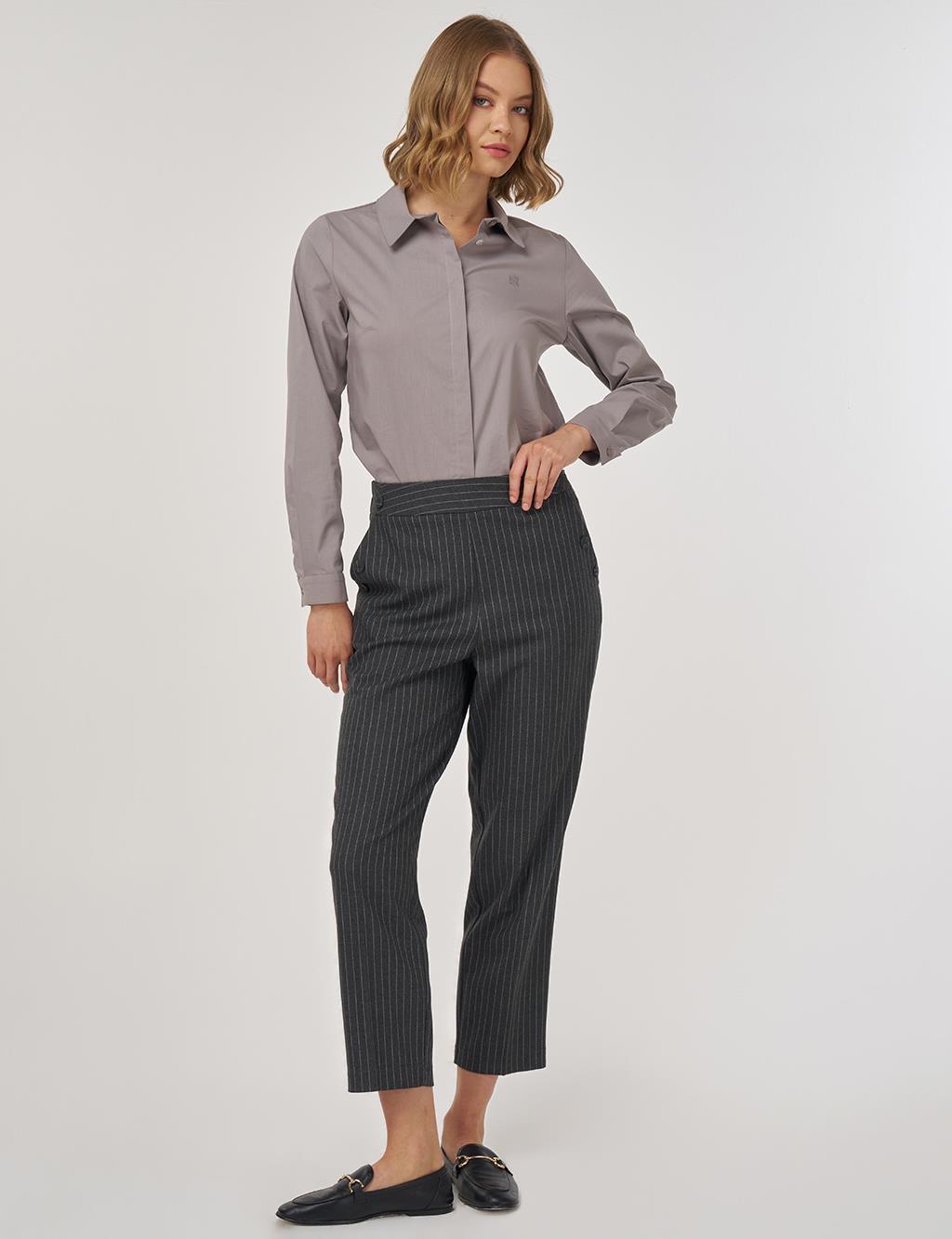 Çizgili Klasik Pantolon Füme 