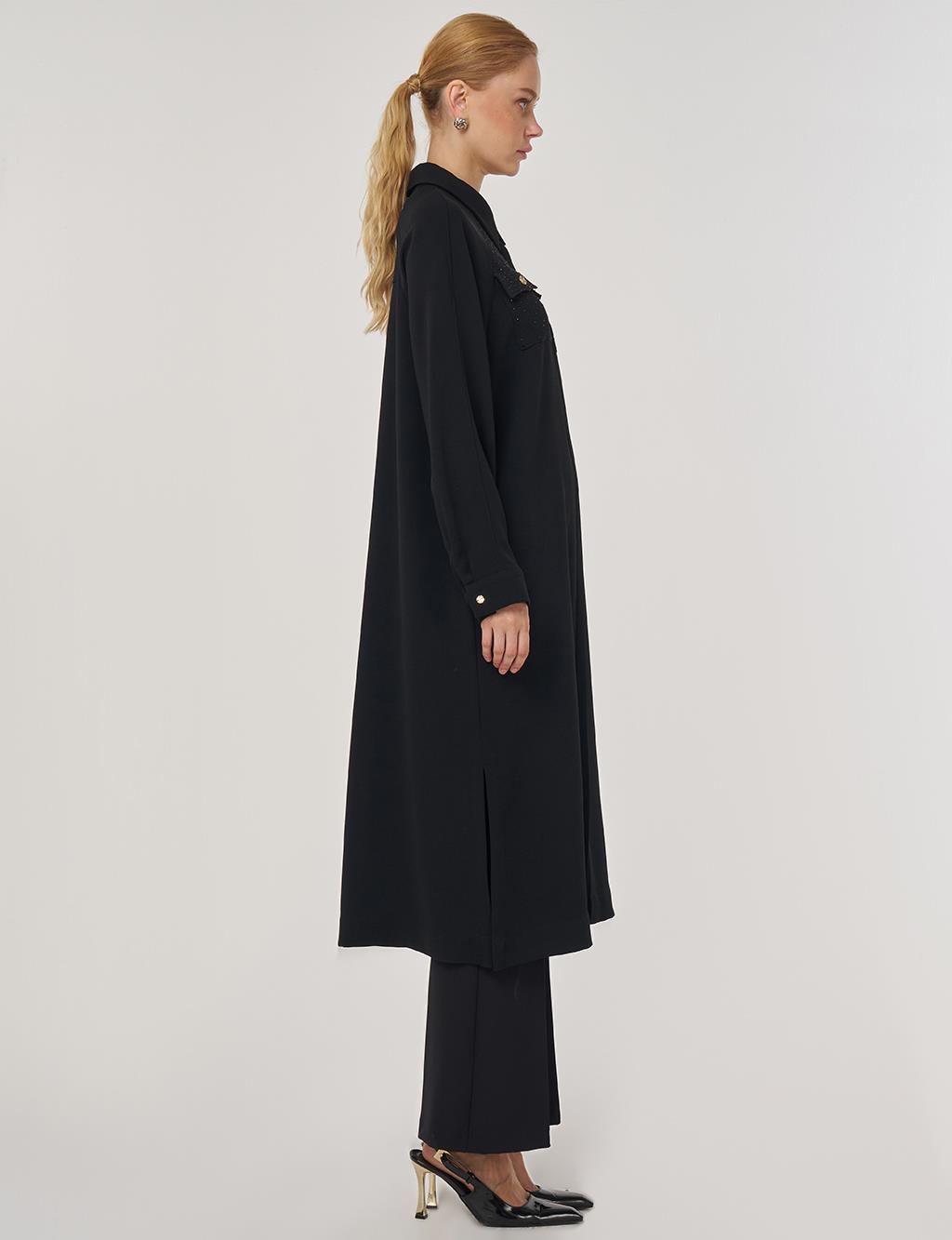 Hotfix Baskılı Uzun Tunik Siyah