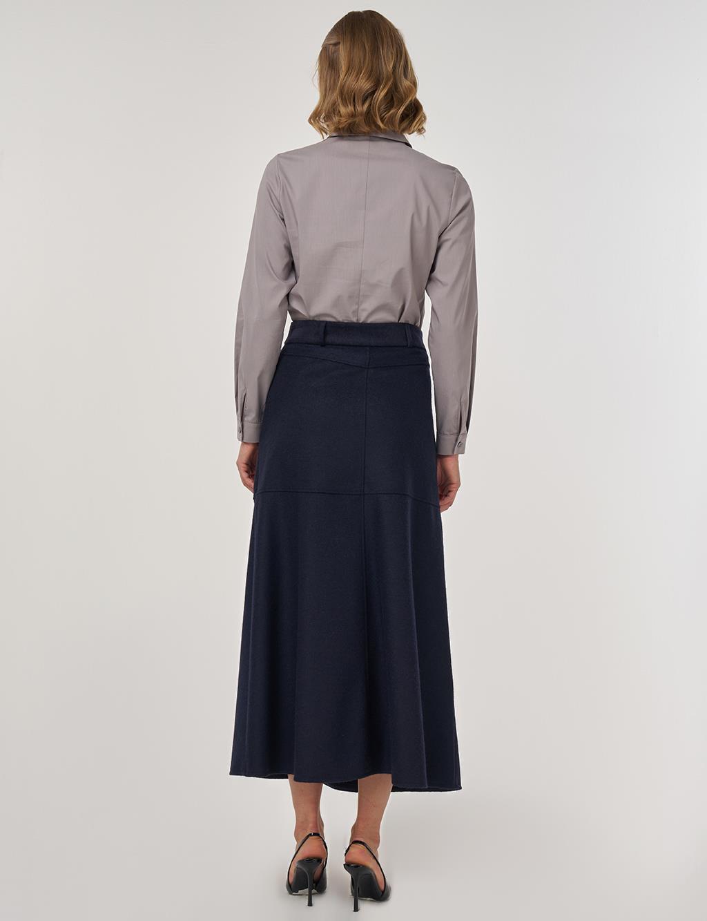 Panel-Stitched Felt Skirt Dark Navy 