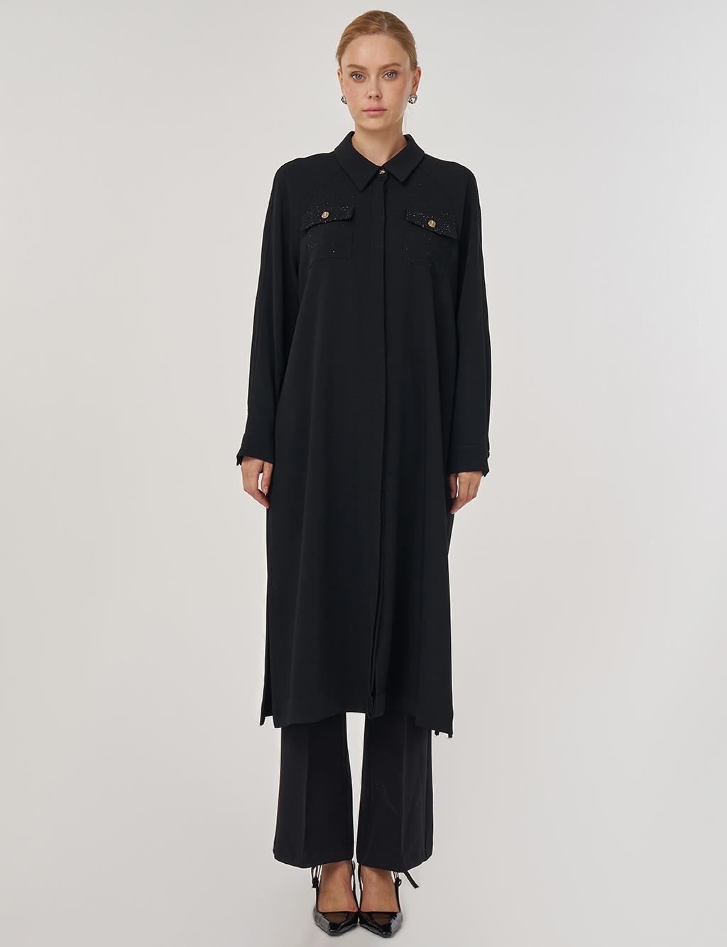 Hotfix Baskılı Uzun Tunik Siyah