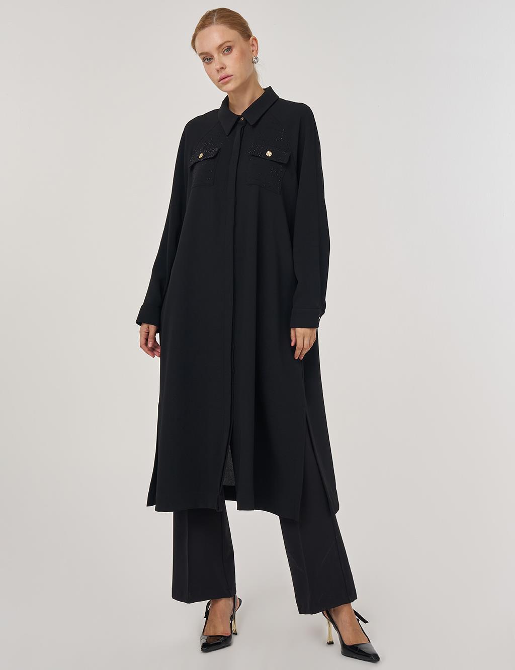 Hotfix Baskılı Uzun Tunik Siyah