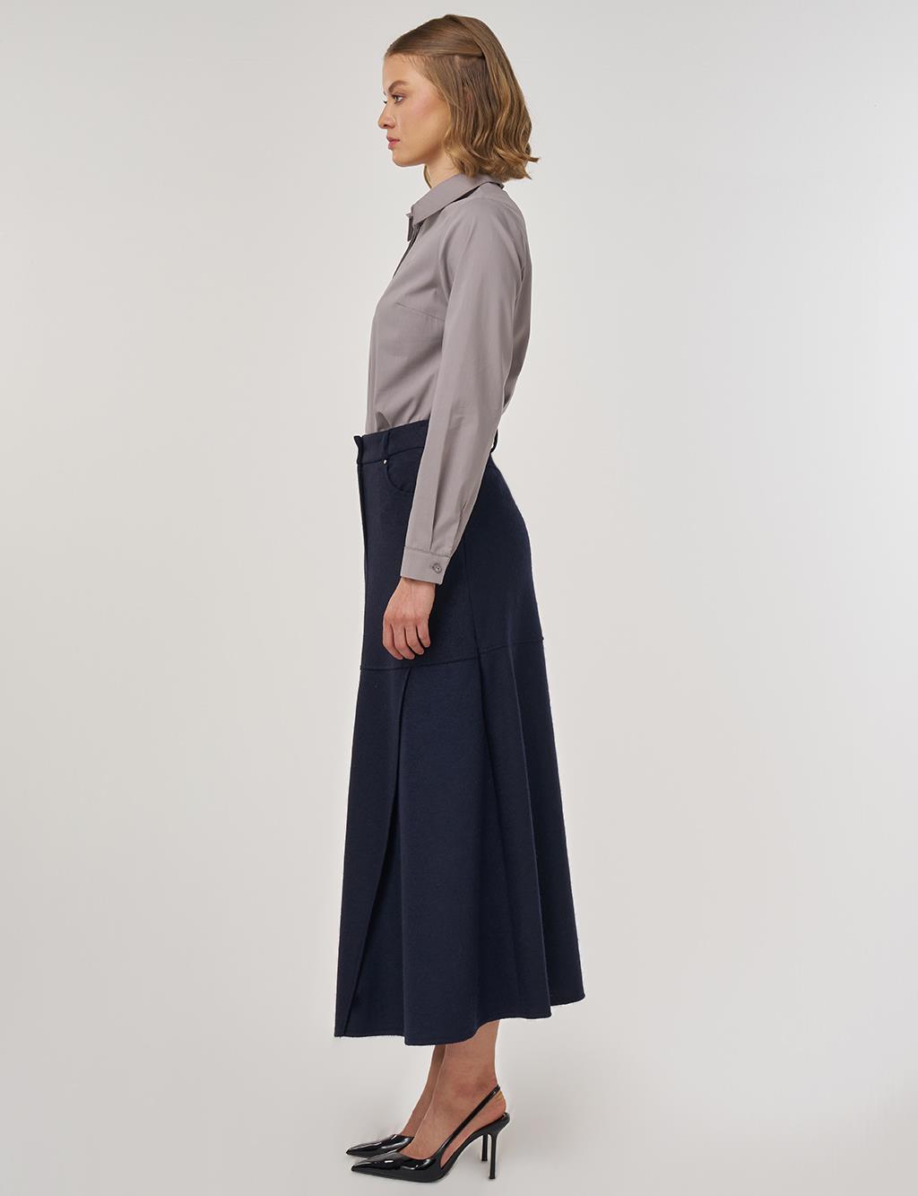 Panel-Stitched Felt Skirt Dark Navy 