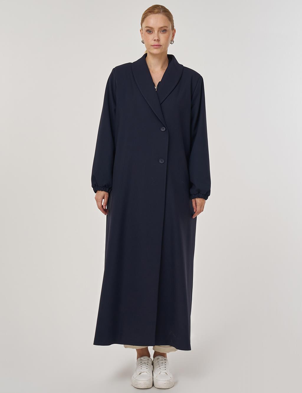Notched Collar Viscose Coat Dark Navy