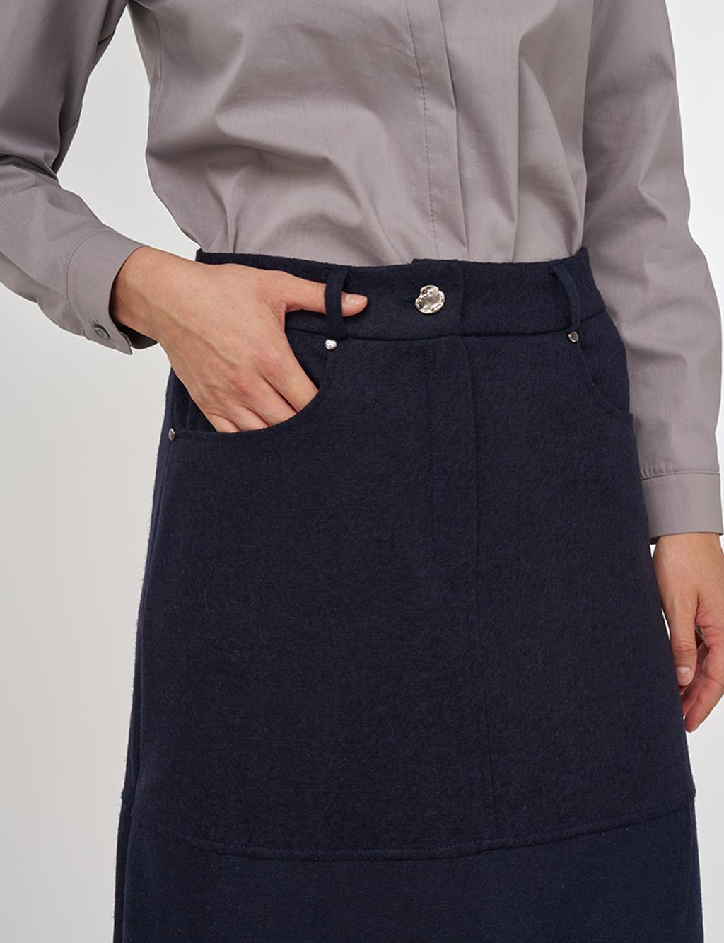 Panel-Stitched Felt Skirt Dark Navy 