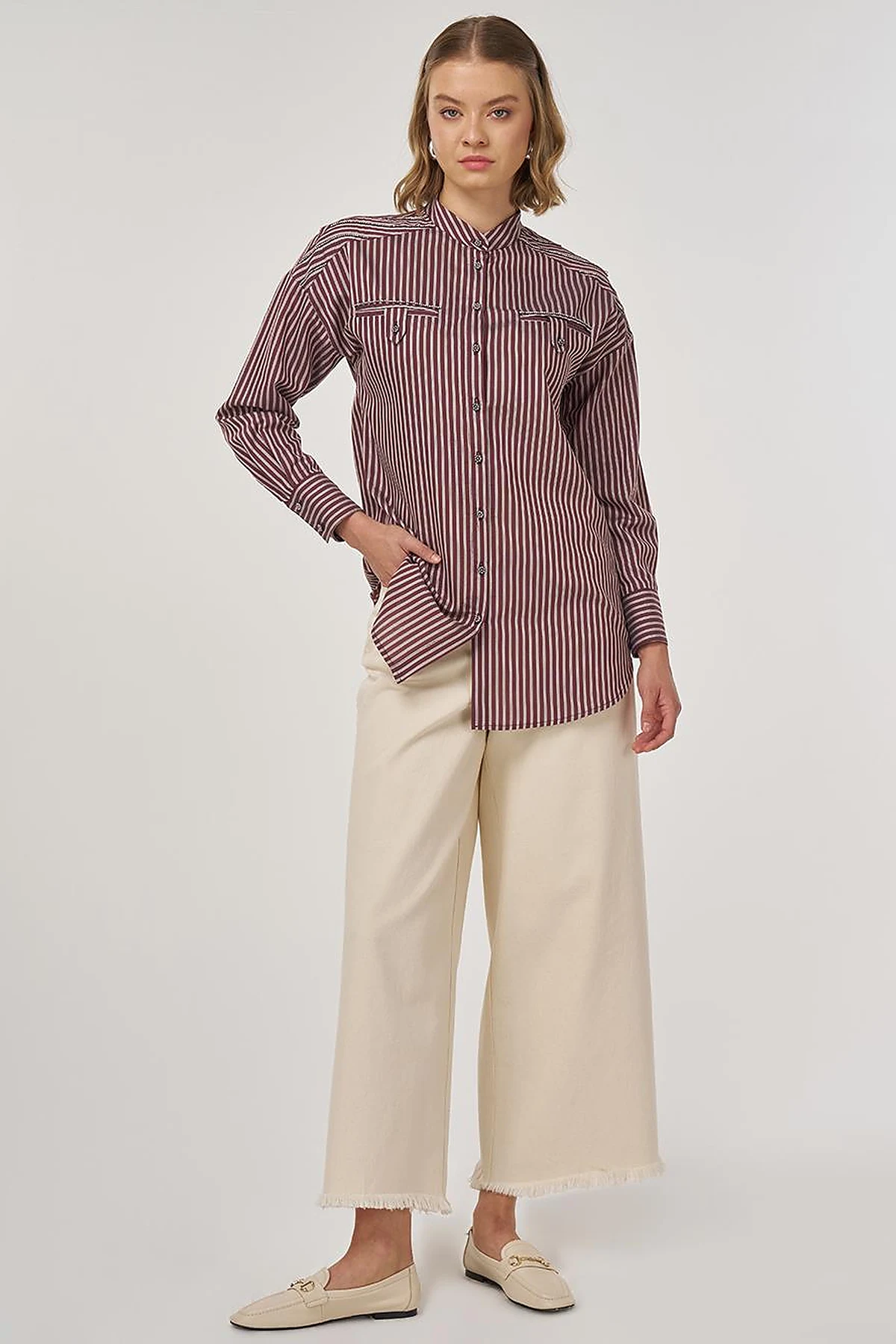 Mandarin Collar Viscose Tunic Dark Burgundy