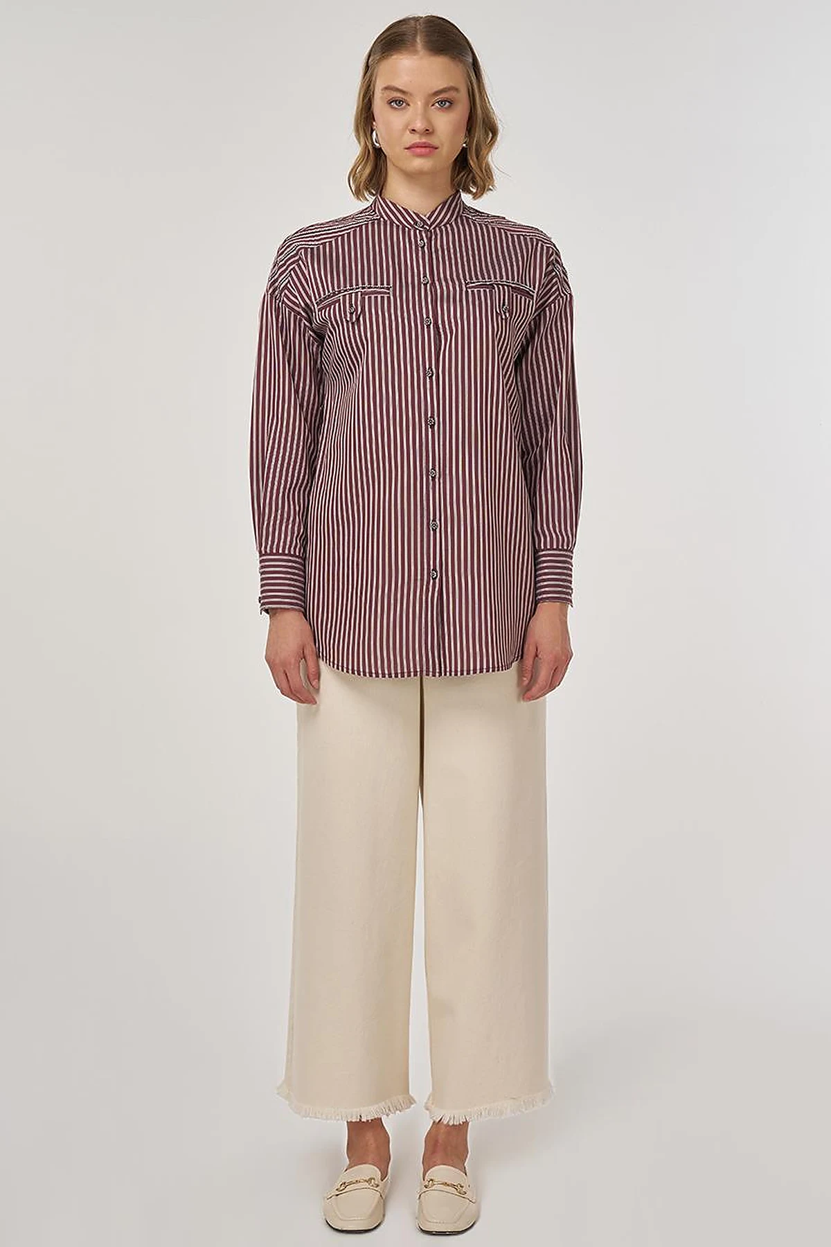 Mandarin Collar Viscose Tunic Dark Burgundy