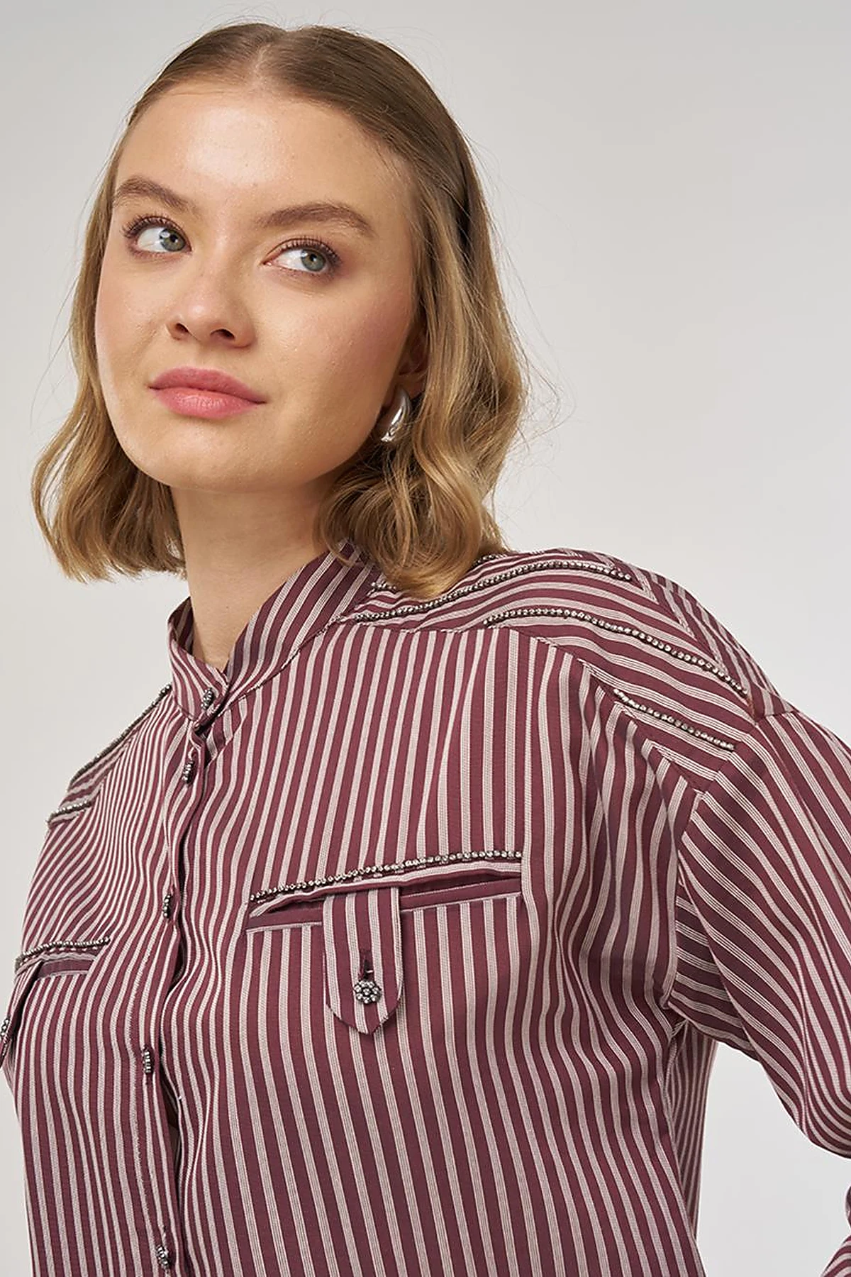 Mandarin Collar Viscose Tunic Dark Burgundy