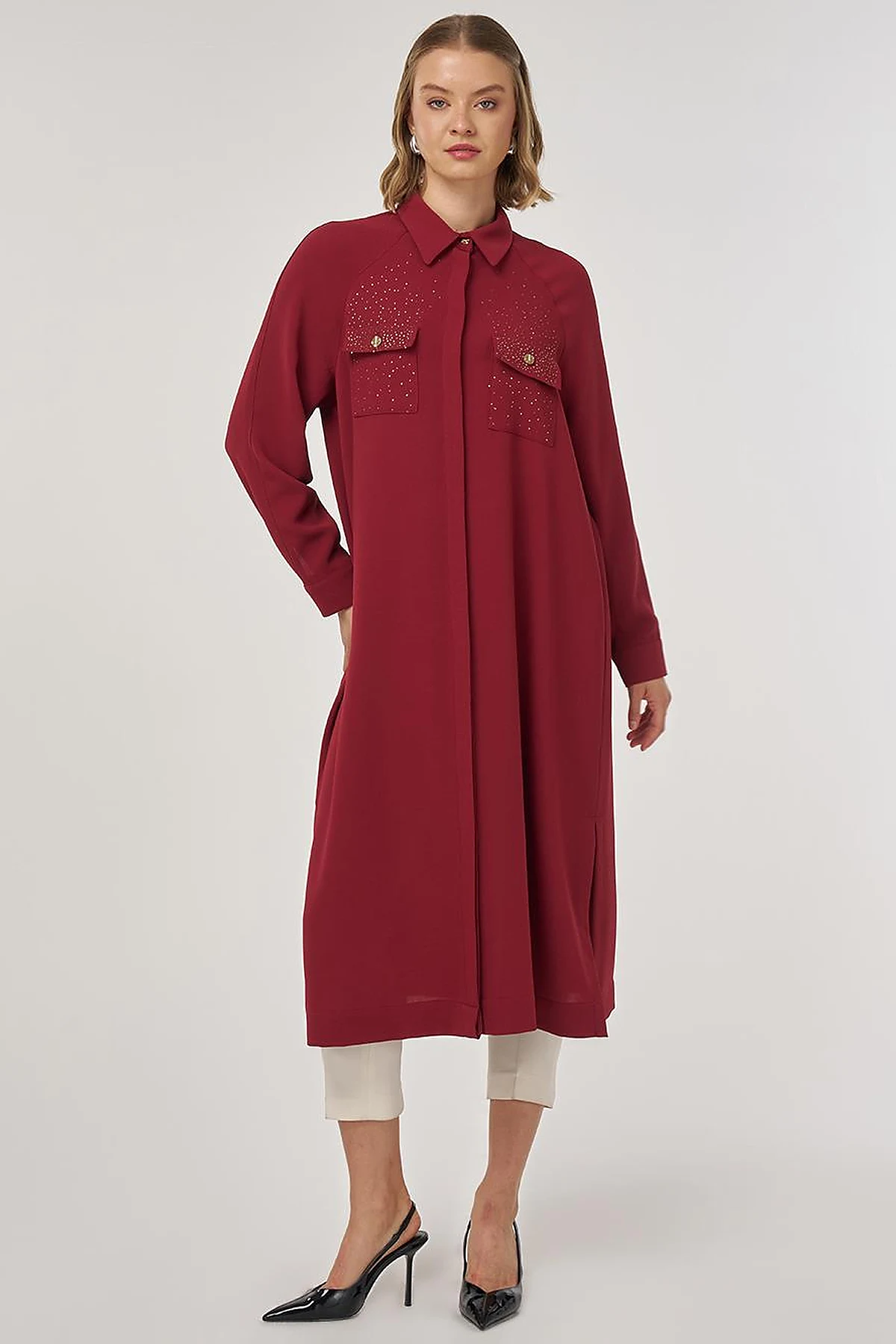 Hotfix Printed Long Tunic in Tibetan Red