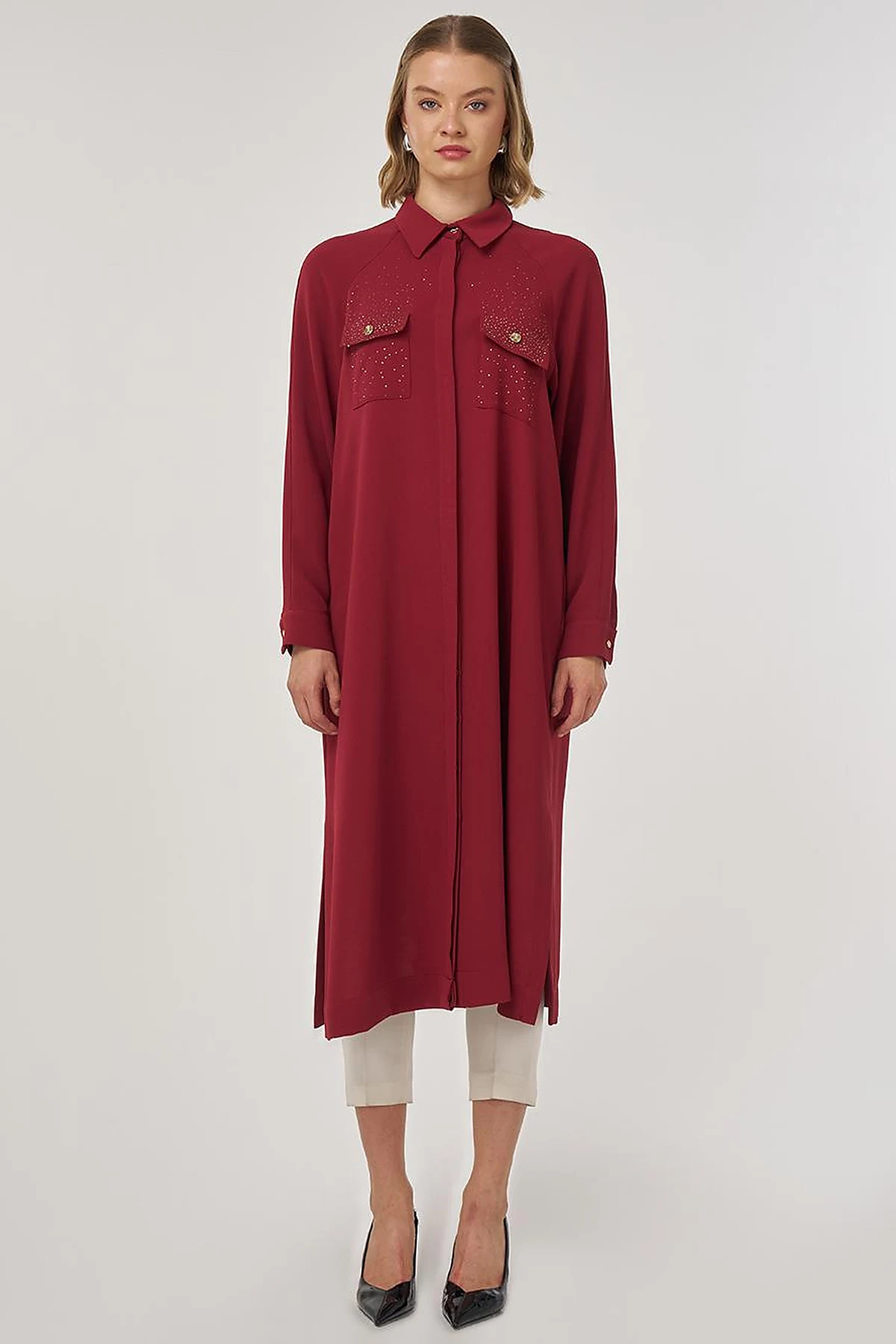 Hotfix Printed Long Tunic in Tibetan Red
