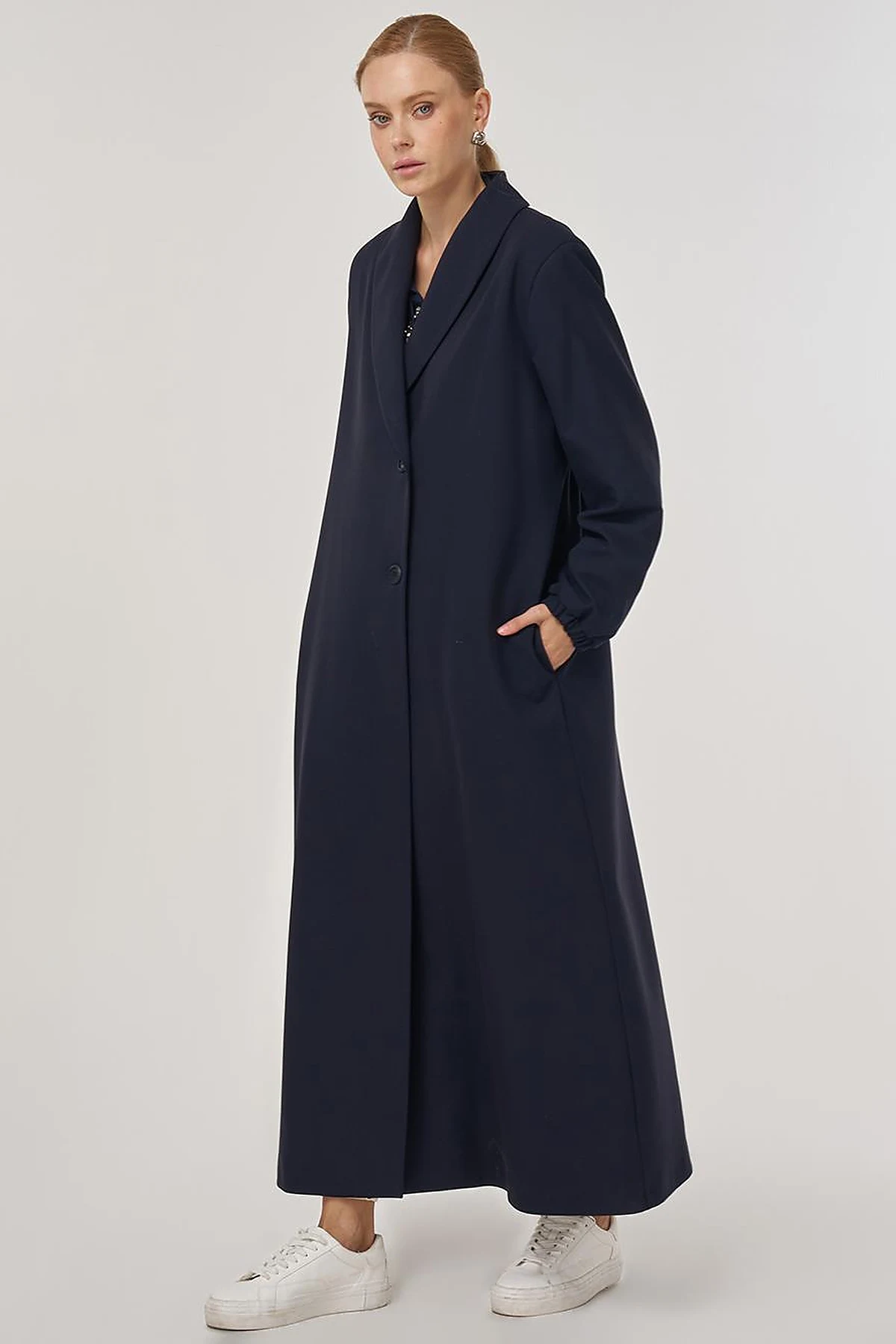 Notched Collar Viscose Coat Dark Navy