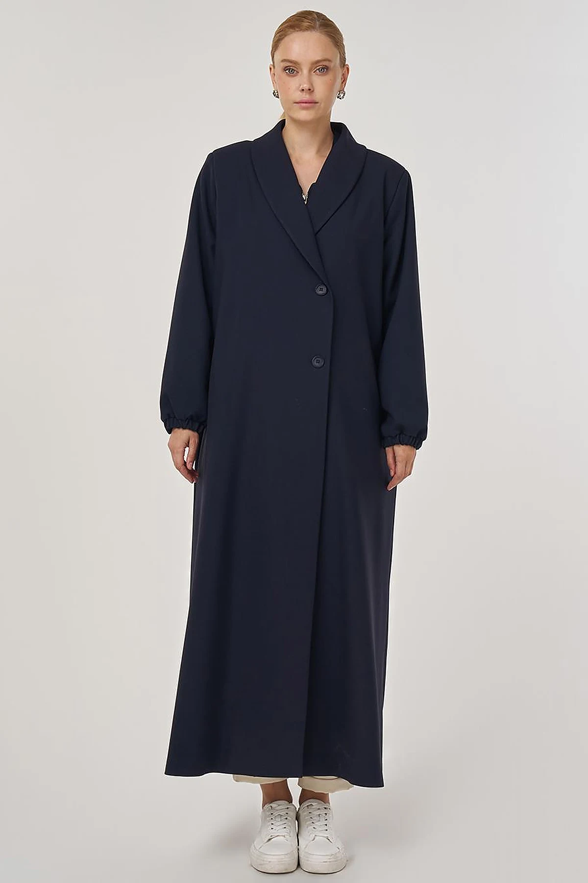 Notched Collar Viscose Coat Dark Navy