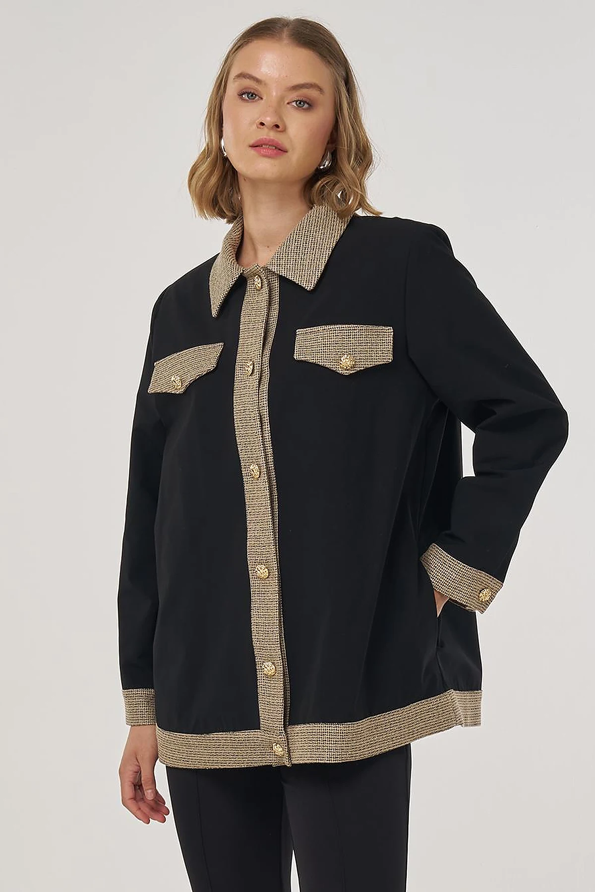 Shiny Button-Up Jacket in Black