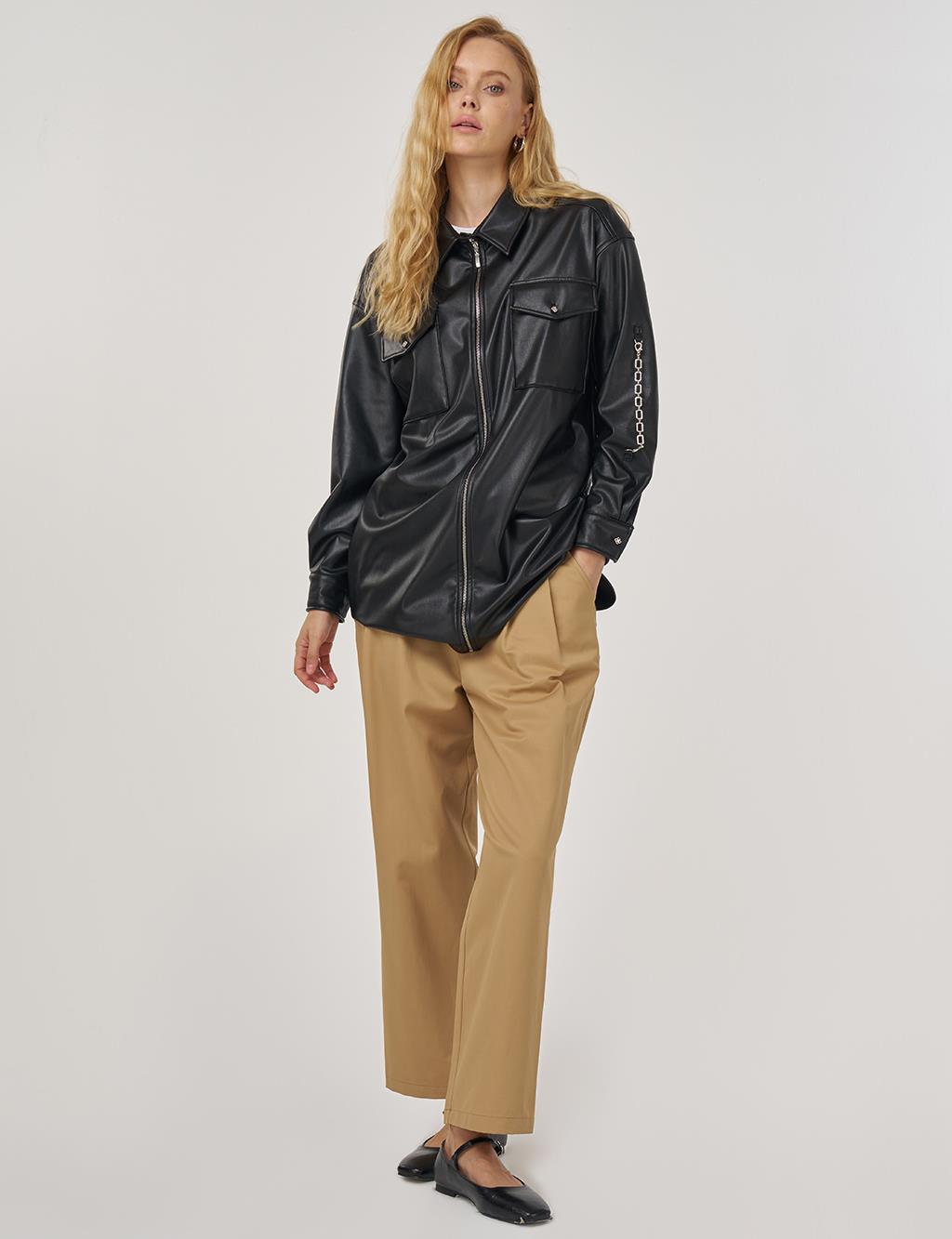 Zincir Detaylı Suni Deri Tunik Siyah 