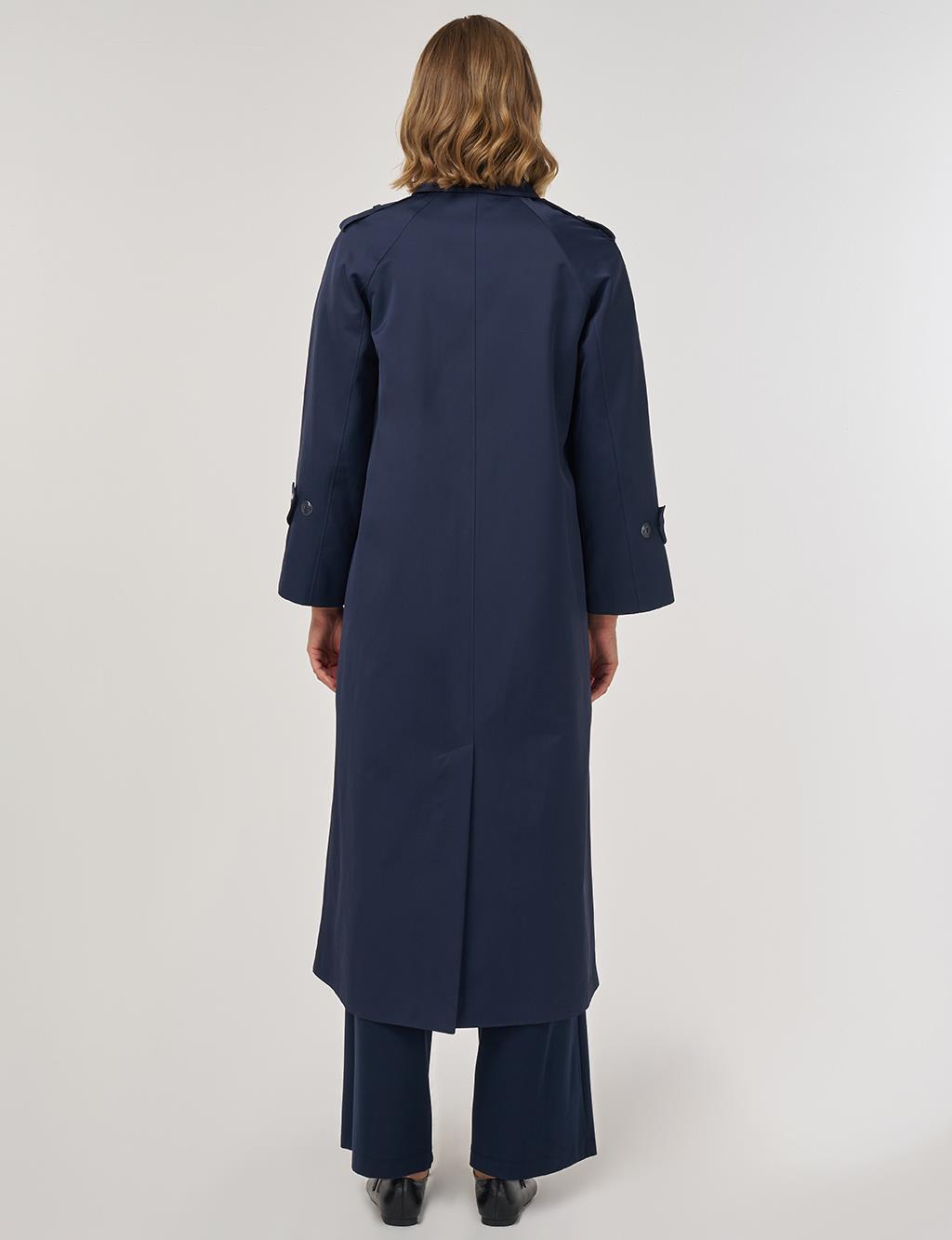 Shirt Placket Collar Long Trench Coat Dark Navy Blue