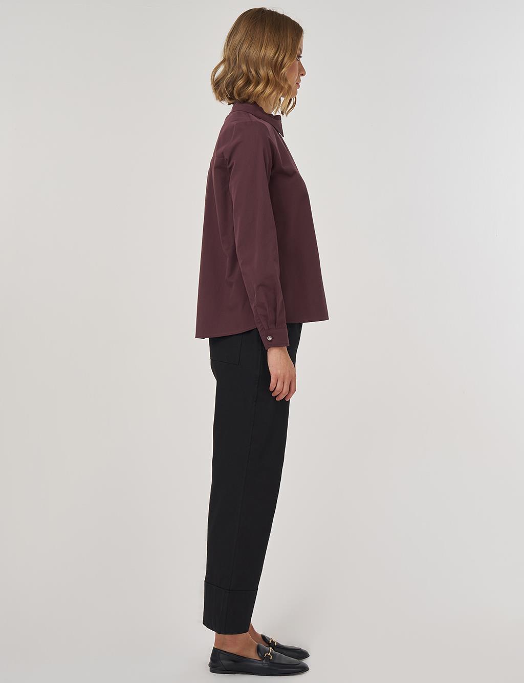 %100 Pamuklu Yaka Detaylı Bluz Koyu Bordo 