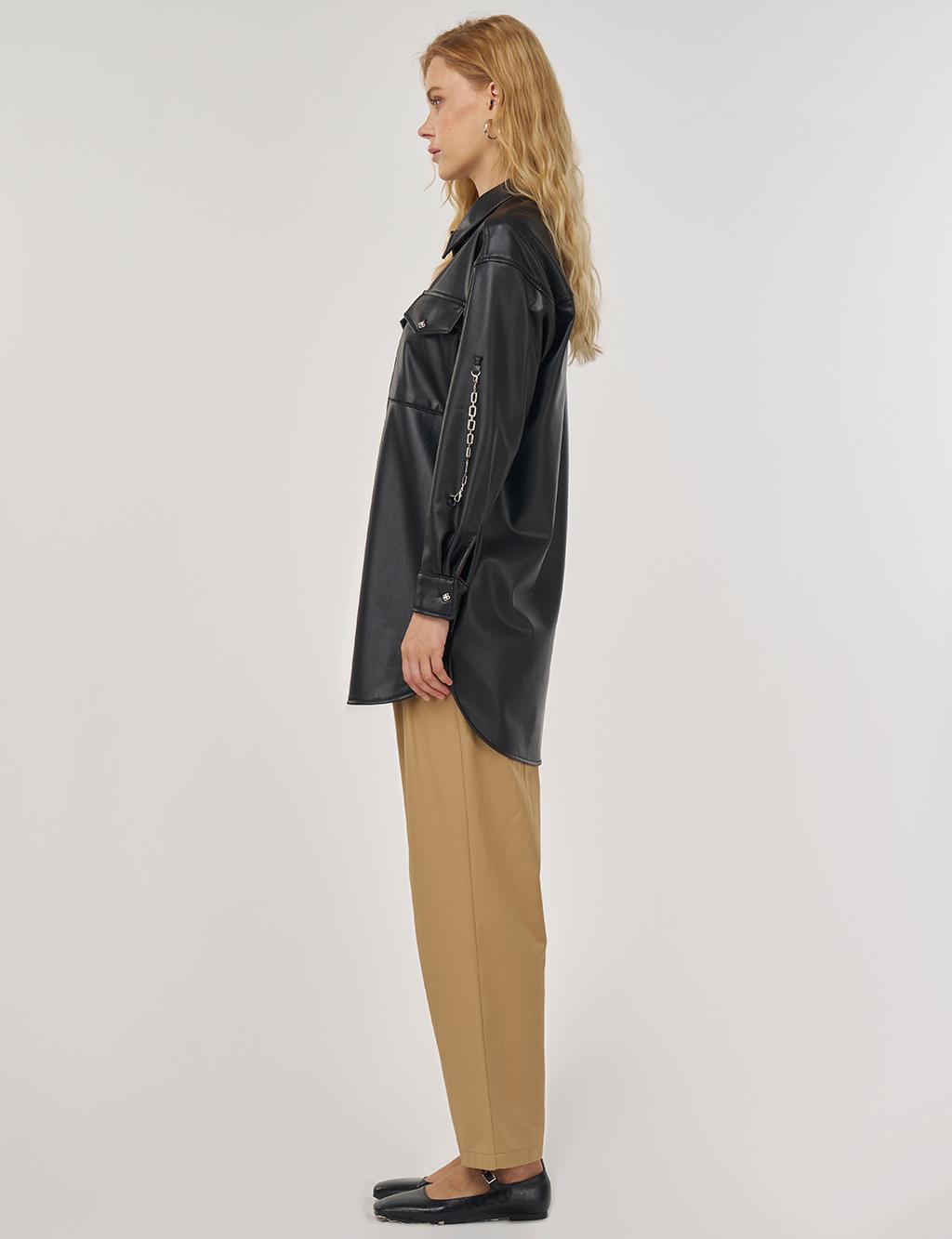 Zincir Detaylı Suni Deri Tunik Siyah 