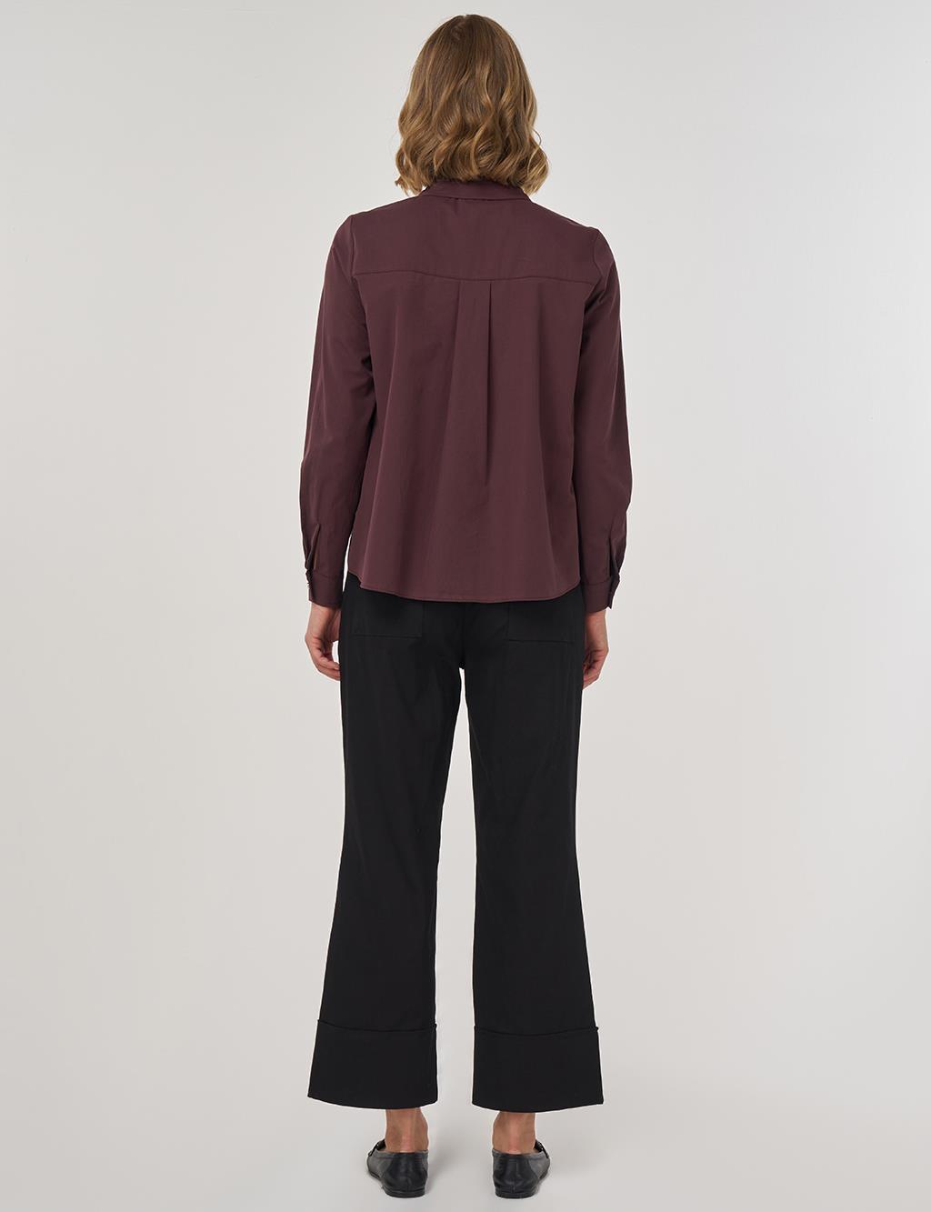 %100 Pamuklu Yaka Detaylı Bluz Koyu Bordo 