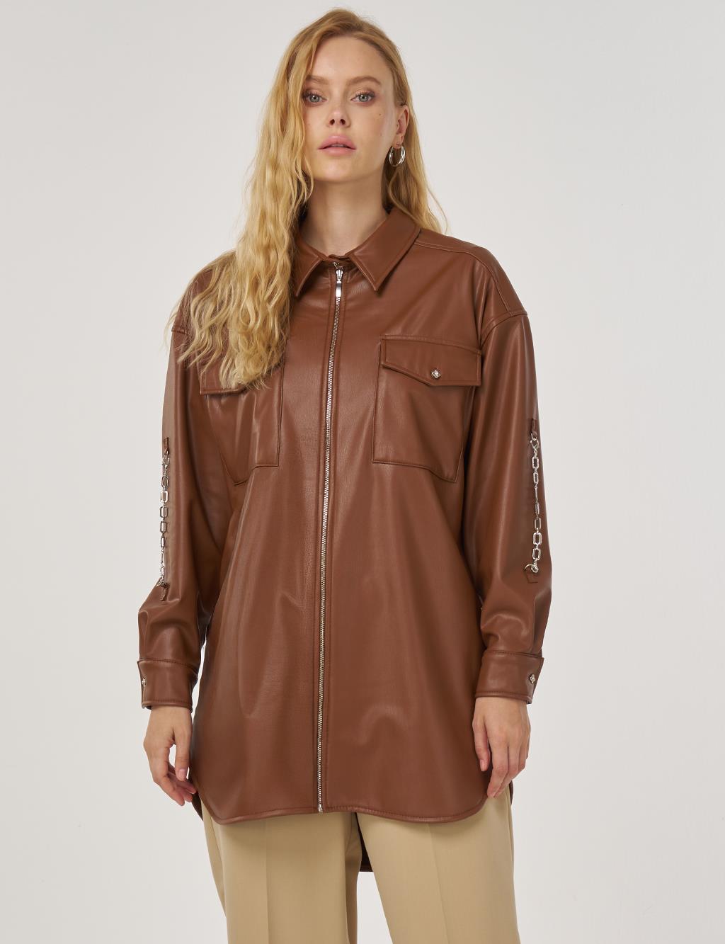 Zincir Detaylı Suni Deri Tunik Taba 