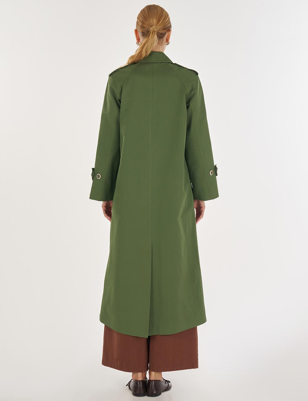 Şömizye Yaka Uzun Trençkot Orman Yeşili
