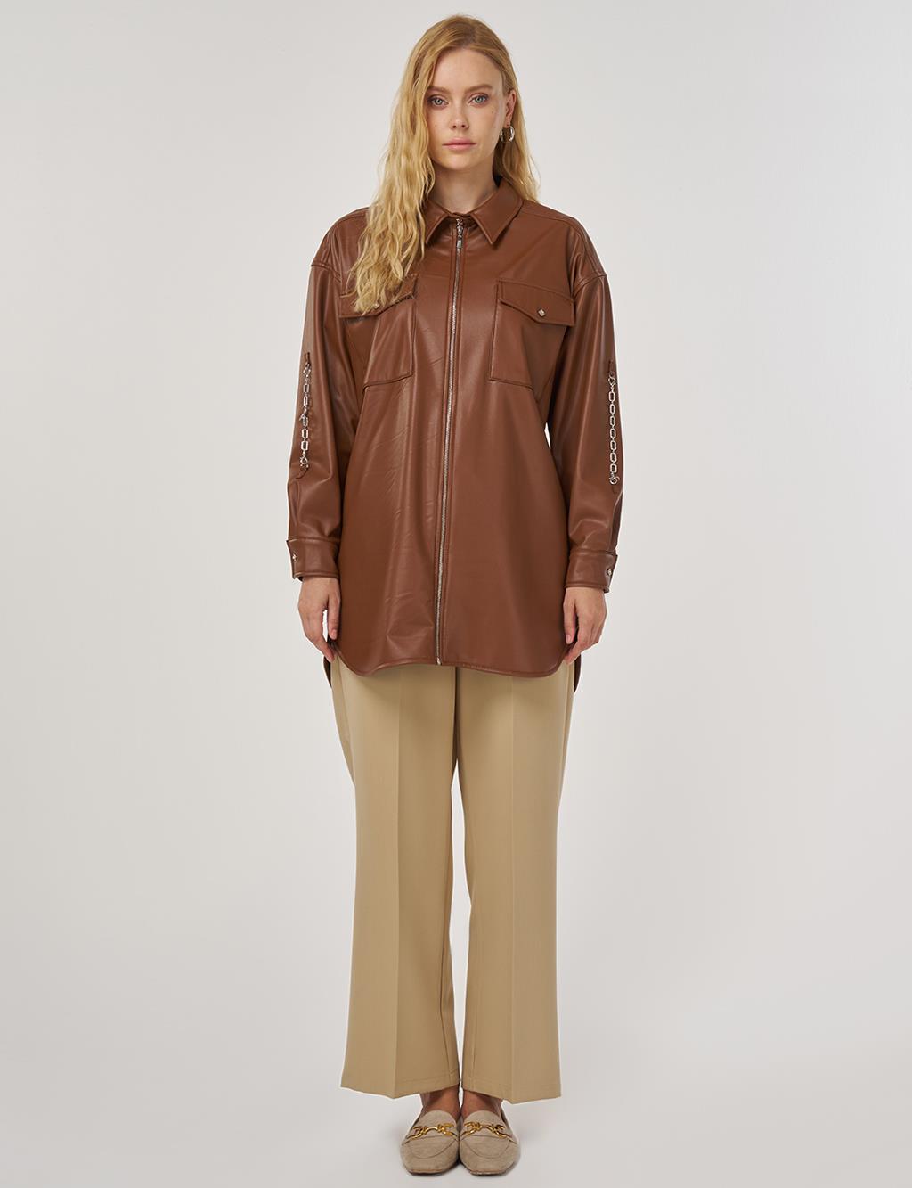 Zincir Detaylı Suni Deri Tunik Taba 