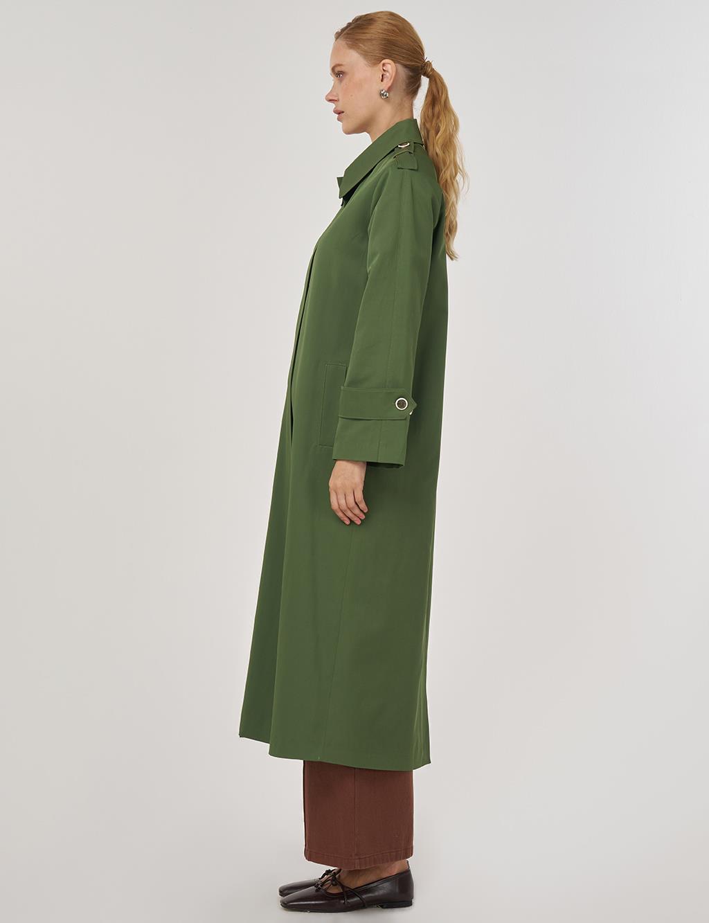 Şömizye Yaka Uzun Trençkot Orman Yeşili