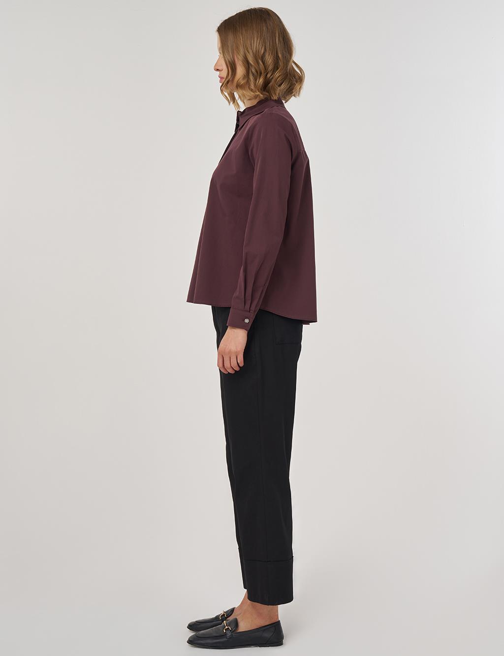 %100 Pamuklu Yaka Detaylı Bluz Koyu Bordo 