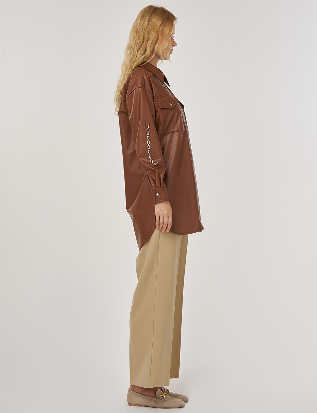 Zincir Detaylı Suni Deri Tunik Taba 