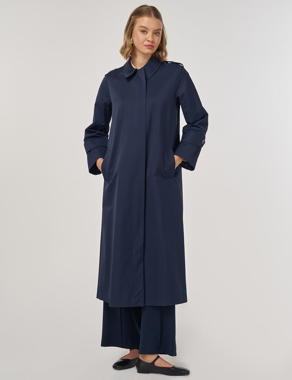 Shirt Placket Collar Long Trench Coat Dark Navy Blue