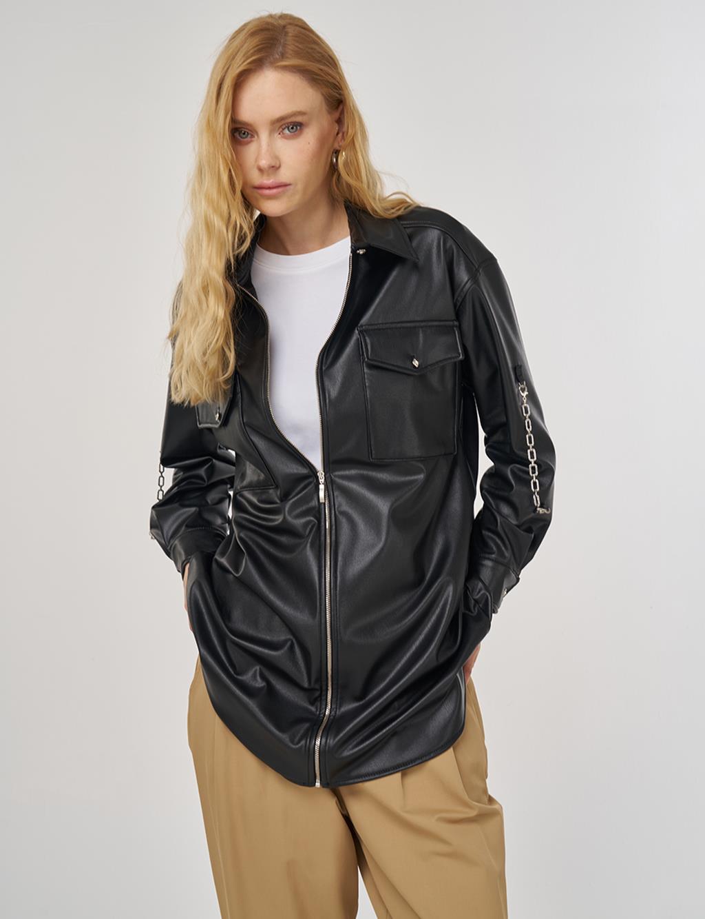 Zincir Detaylı Suni Deri Tunik Siyah 