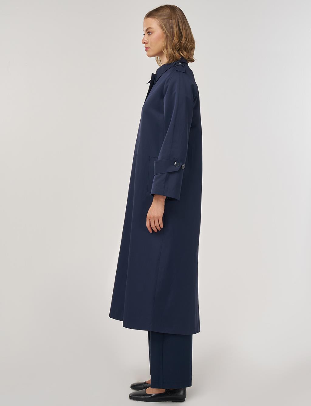 Shirt Placket Collar Long Trench Coat Dark Navy Blue