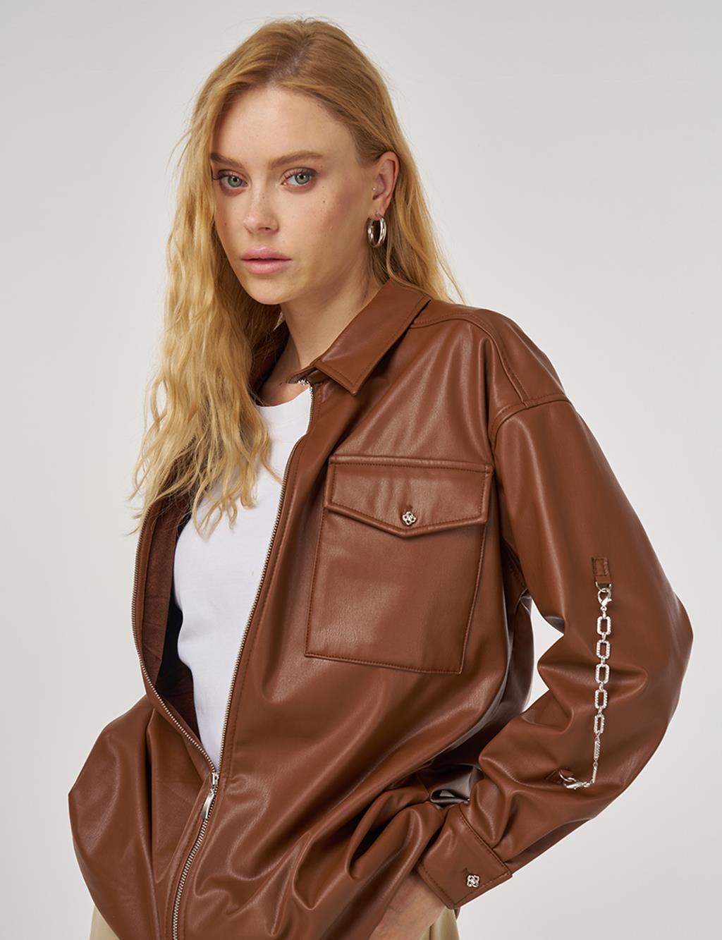 Zincir Detaylı Suni Deri Tunik Taba 