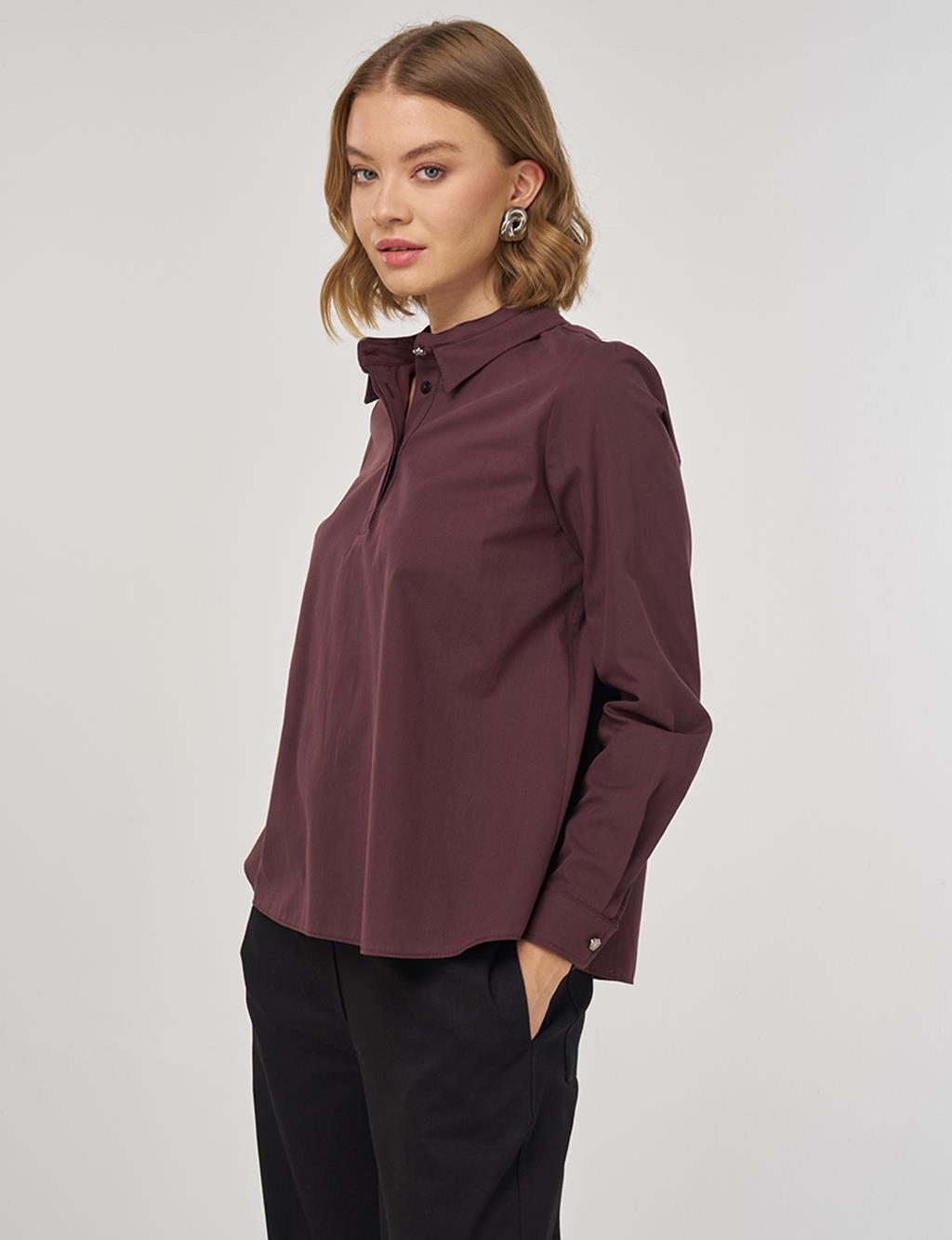 %100 Pamuklu Yaka Detaylı Bluz Koyu Bordo 