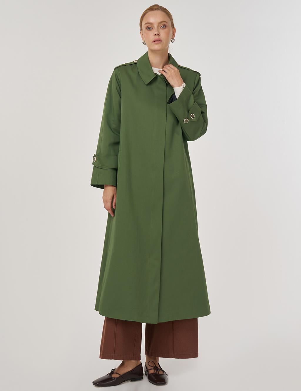 Şömizye Yaka Uzun Trençkot Orman Yeşili