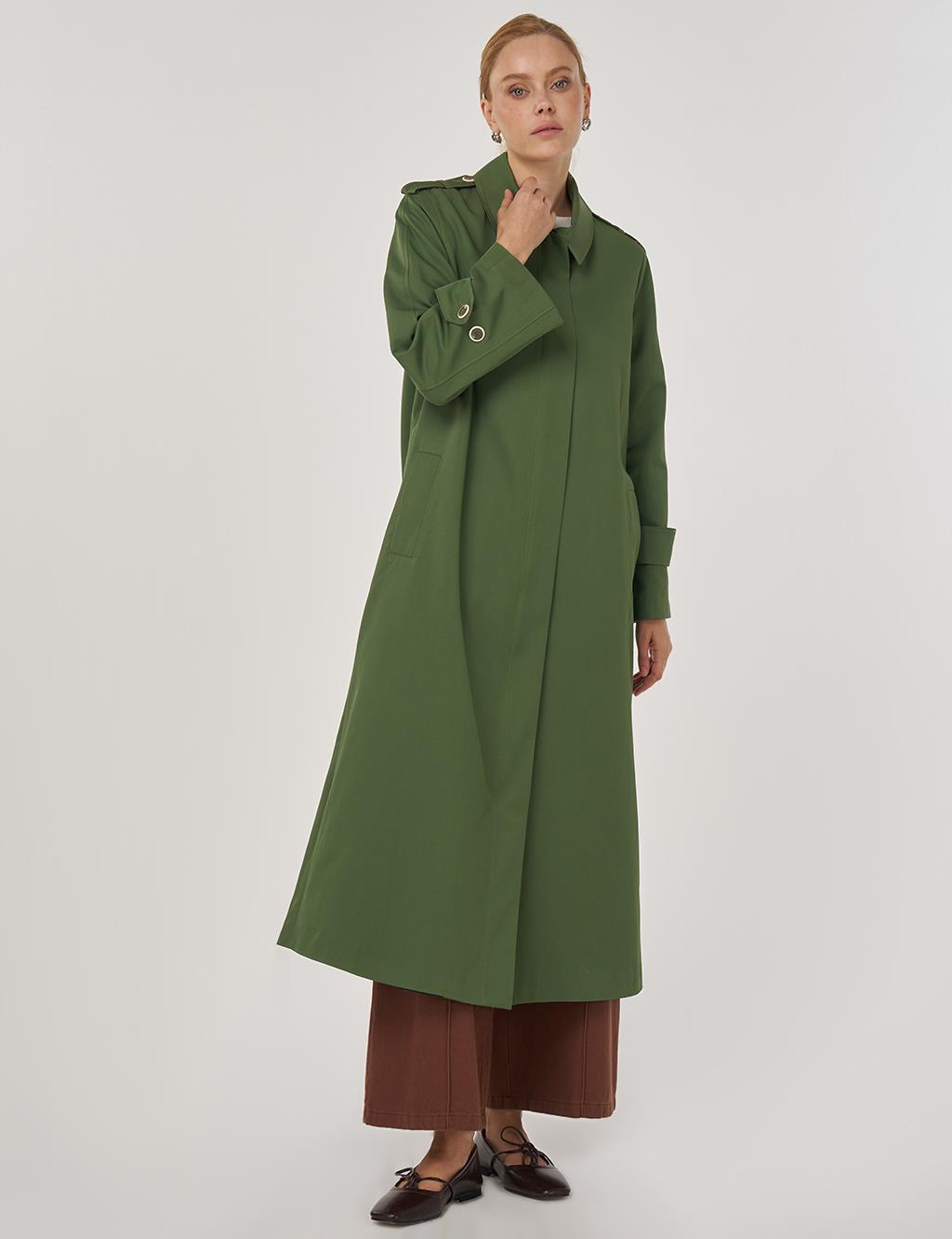 Şömizye Yaka Uzun Trençkot Orman Yeşili