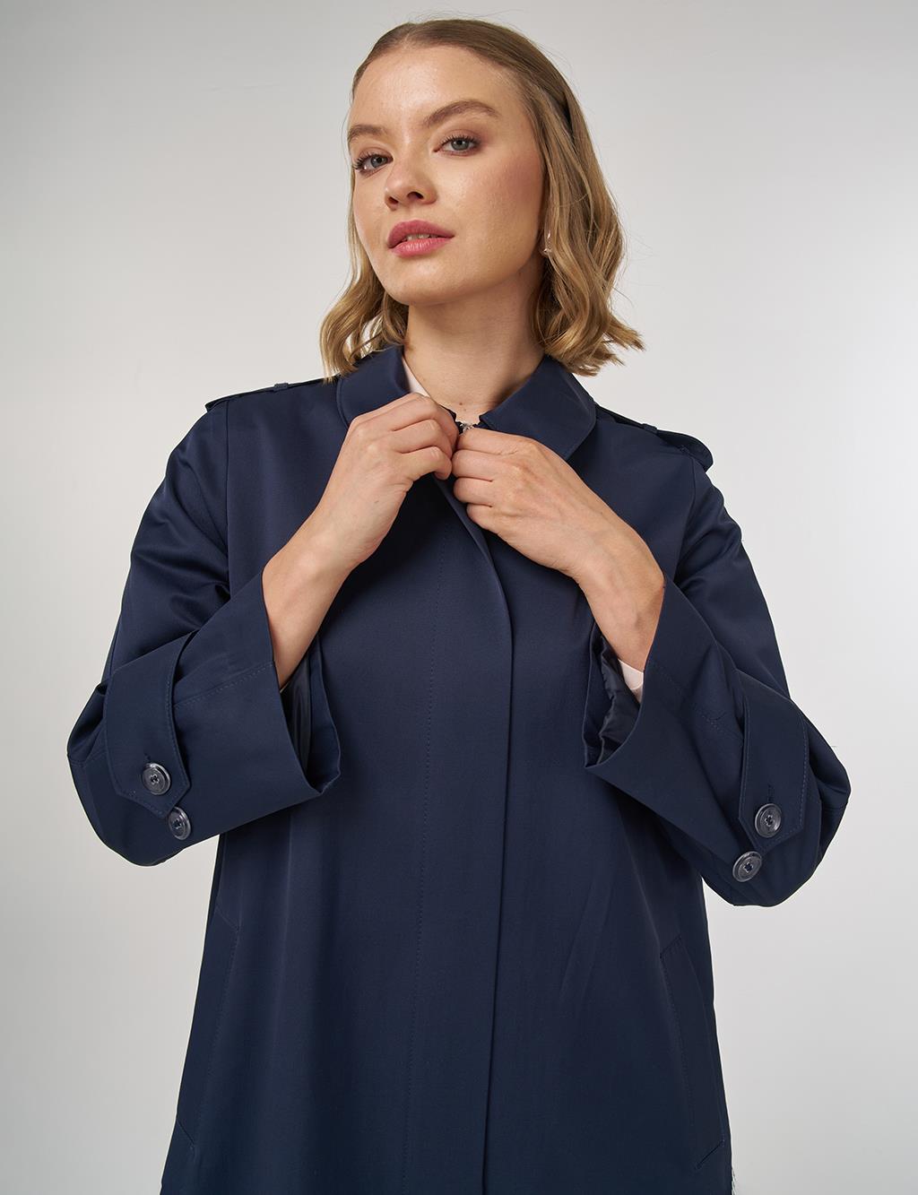 Shirt Placket Collar Long Trench Coat Dark Navy Blue