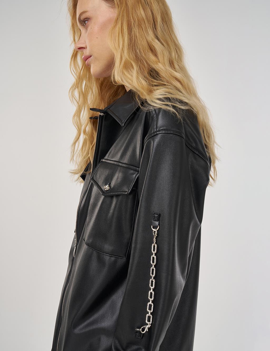 Zincir Detaylı Suni Deri Tunik Siyah 
