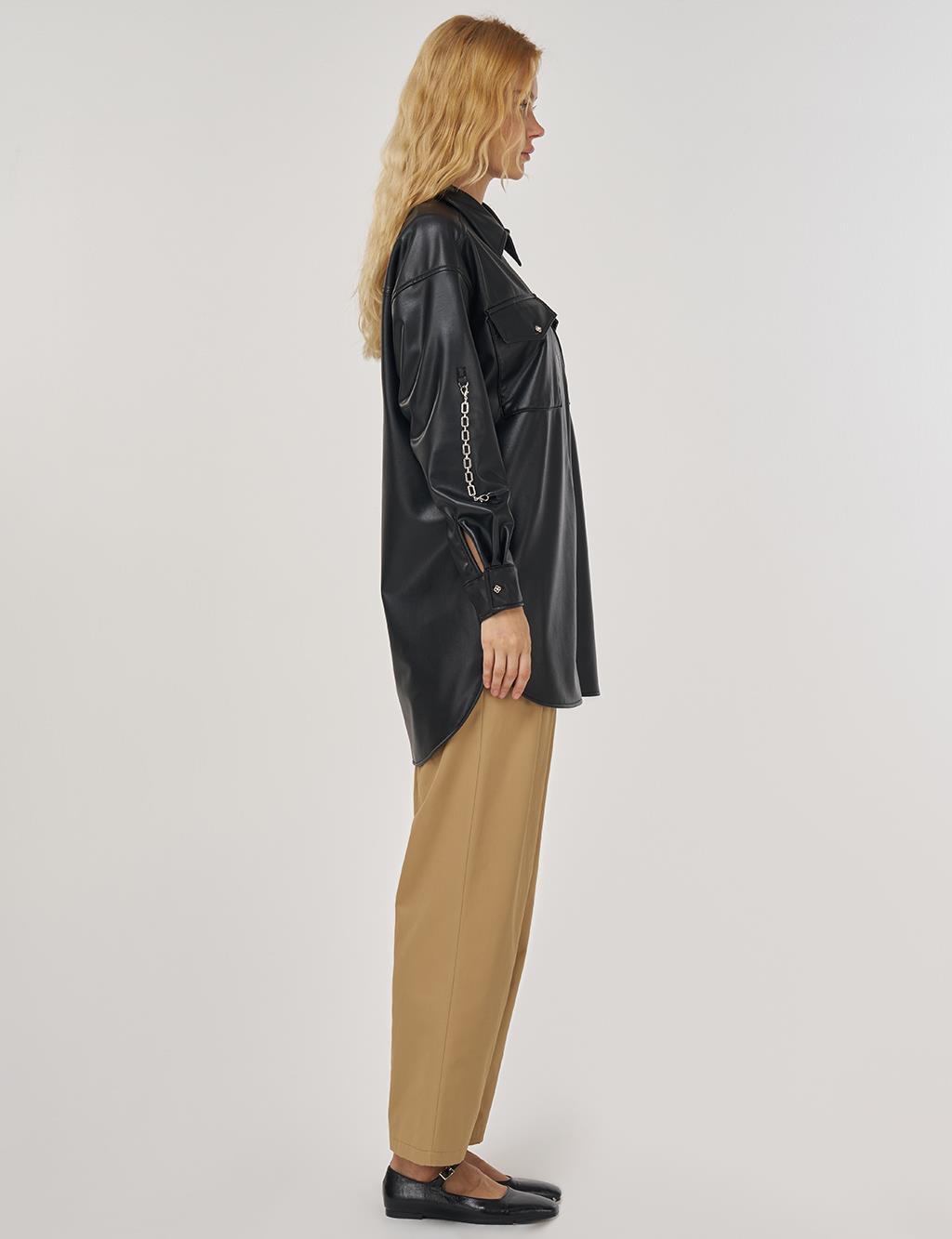 Zincir Detaylı Suni Deri Tunik Siyah 
