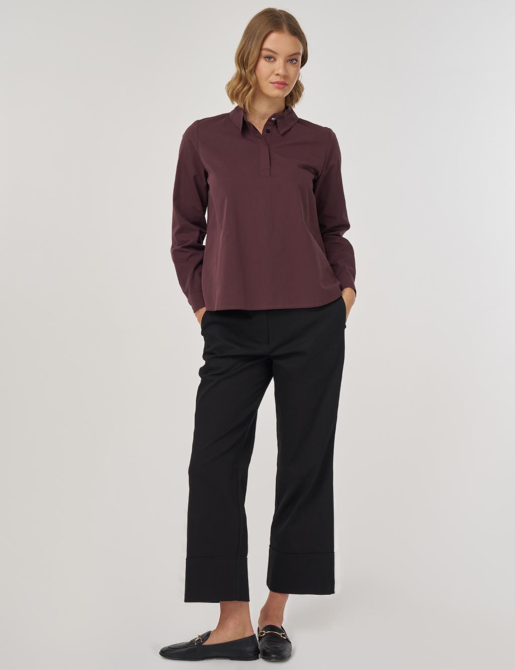 %100 Pamuklu Yaka Detaylı Bluz Koyu Bordo 