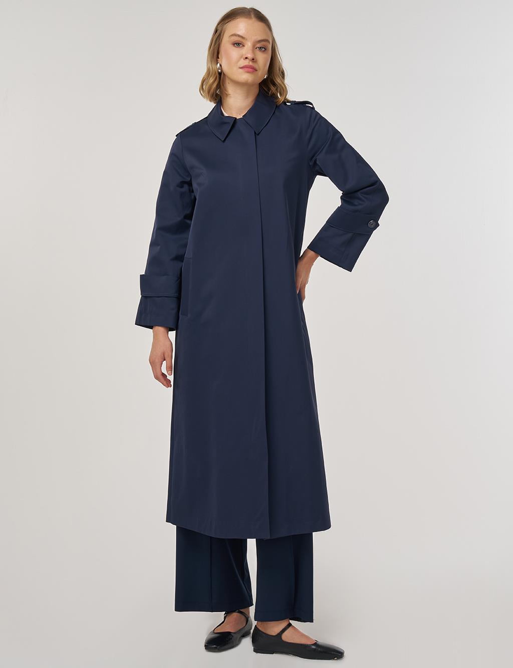 Shirt Placket Collar Long Trench Coat Dark Navy Blue