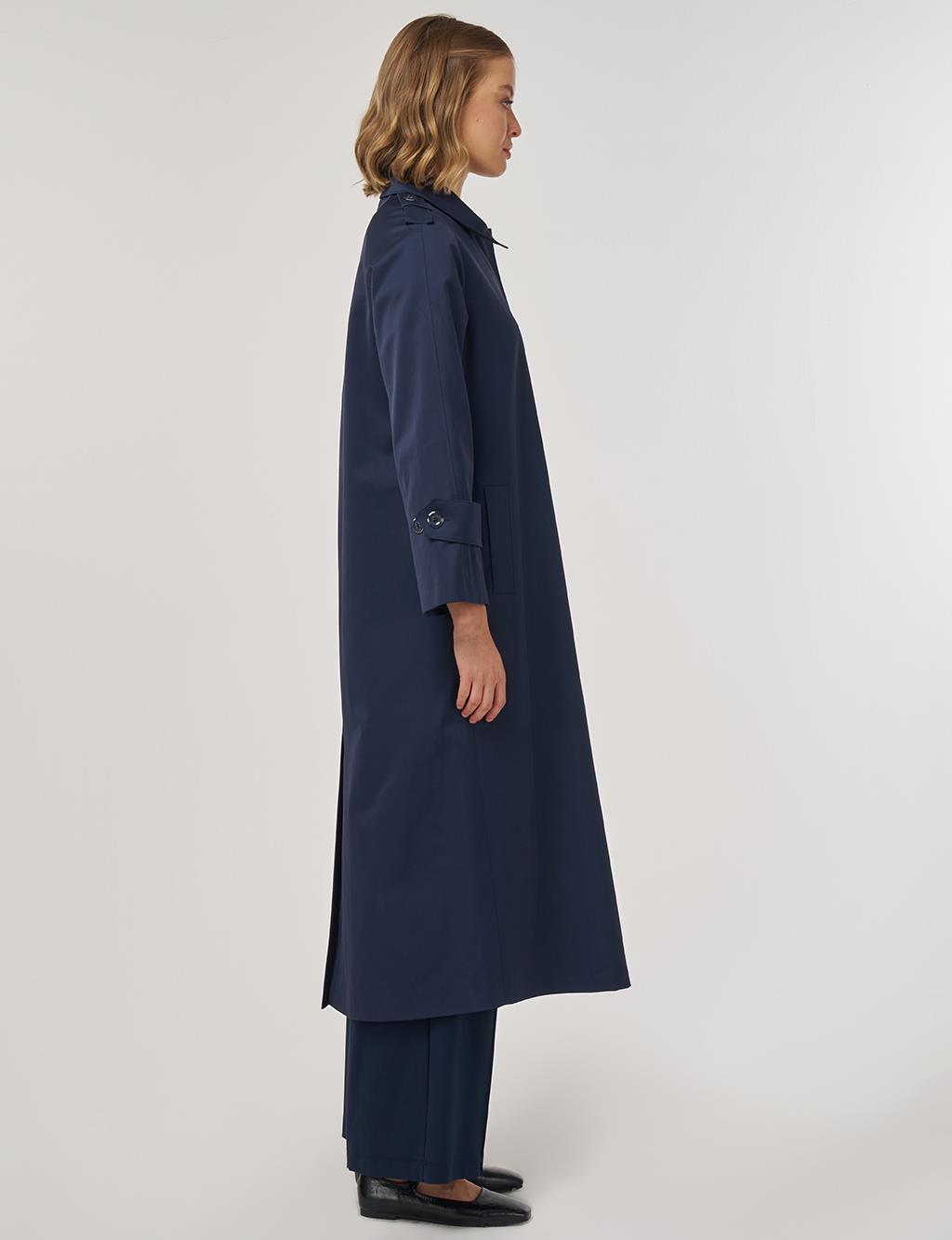 Shirt Placket Collar Long Trench Coat Dark Navy Blue