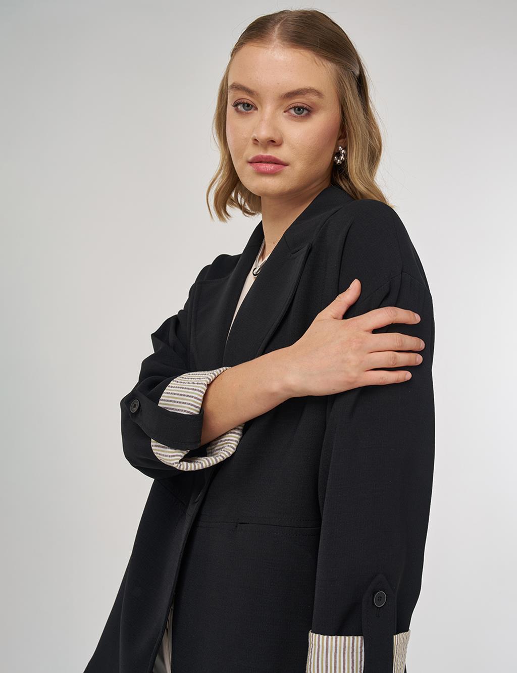 Bilekleri Katlanabilir Blazer Ceket Siyah 