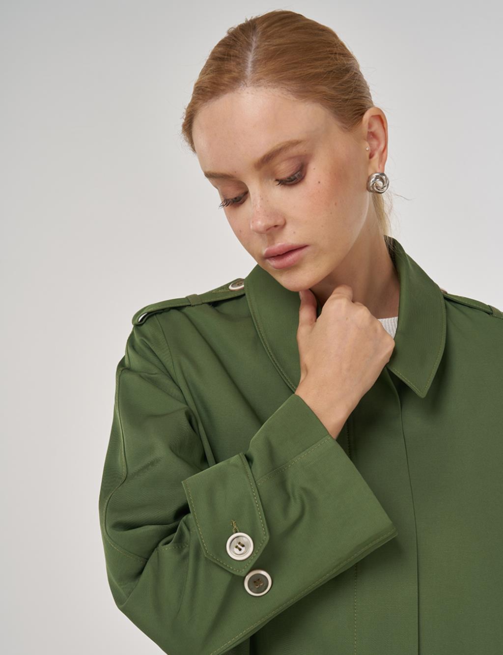 Şömizye Yaka Uzun Trençkot Orman Yeşili