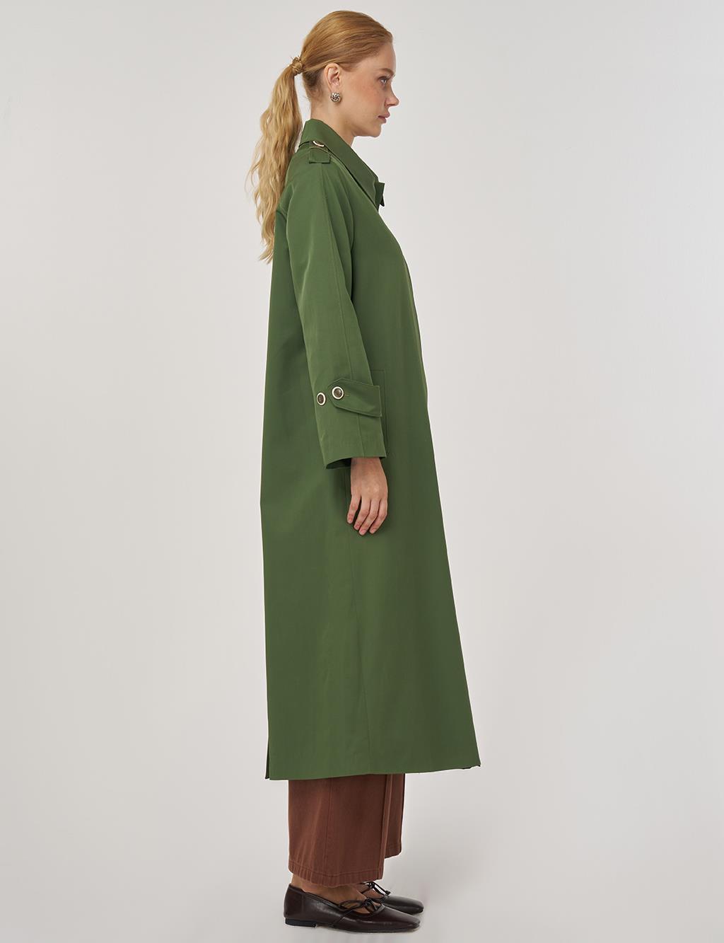 Şömizye Yaka Uzun Trençkot Orman Yeşili