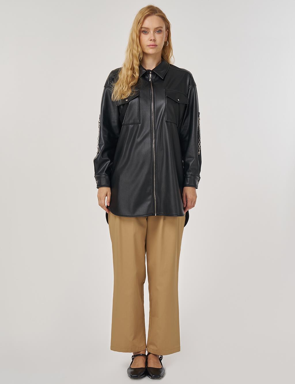 Zincir Detaylı Suni Deri Tunik Siyah 