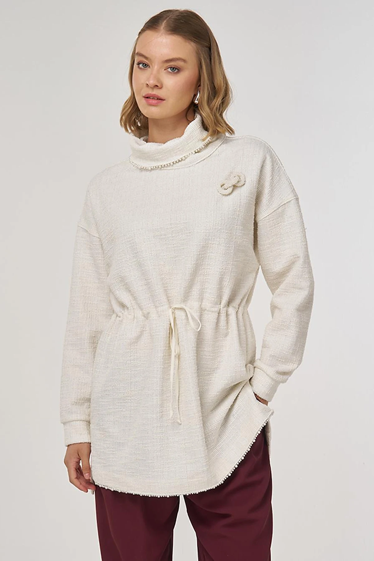 Bel Büzgülü Dokulu Sweatshirt Krem 