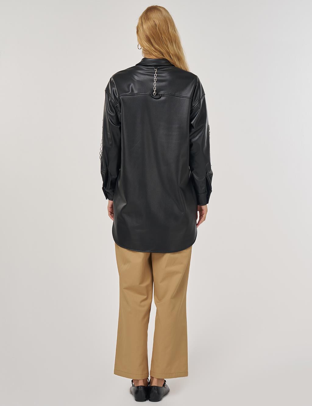 Zincir Detaylı Suni Deri Tunik Siyah 