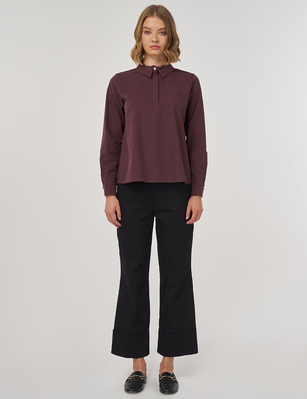 %100 Pamuklu Yaka Detaylı Bluz Koyu Bordo 